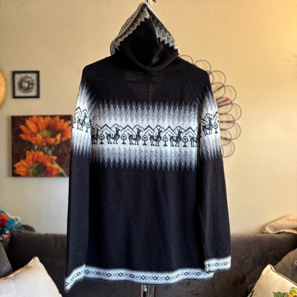 100% Alpaca Fair Isle Zip Front Hoodie Sweater Black White Gray Size M - Picture 10 of 14